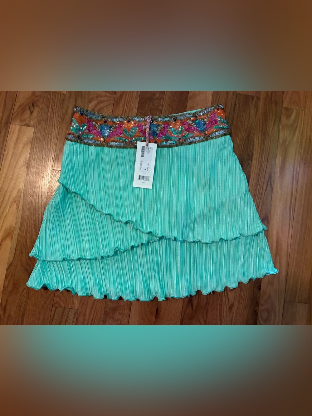 Loveshackfancy Pleated Mint Green Skirt with Embellished Multicolor Waistband